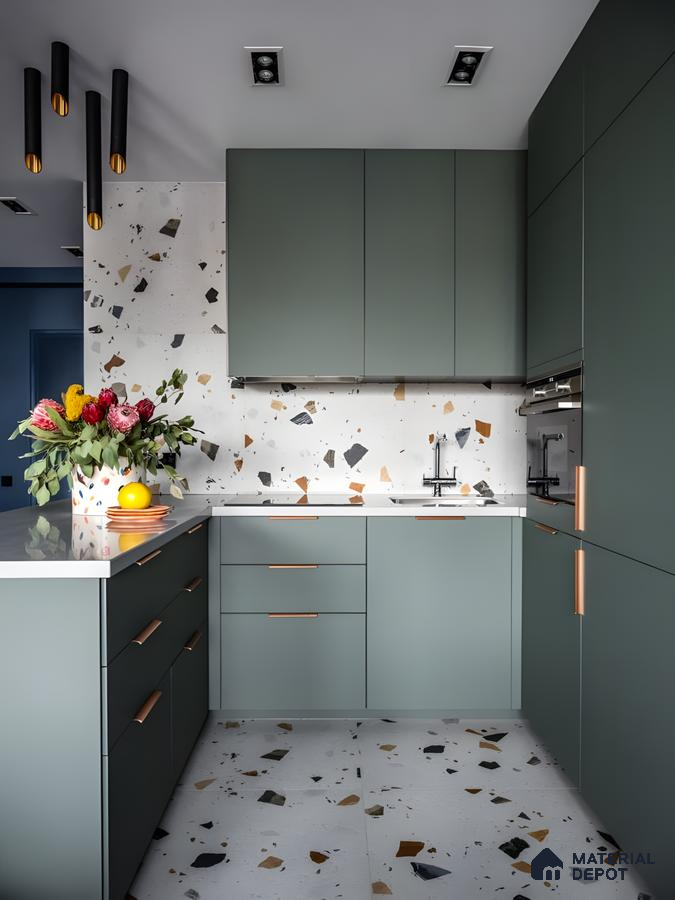 Olive Green Kitchen With Bold Terrazzo Tiles And Copper Accents | Material Depot