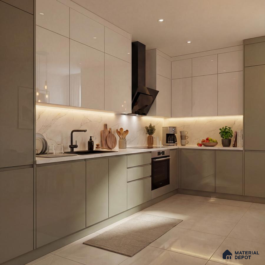 Modern kitchen with glossy beige and taupe laminate, marble-look backsplash, and white quartz countertop