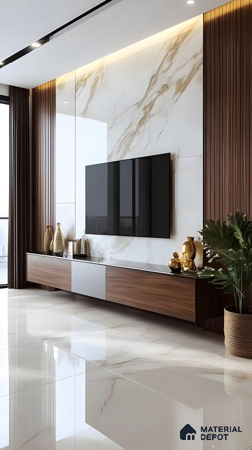 Opulent Contrast: Tv Unit With Golden Vein Marble And Rich Wood Paneling | Material Depot