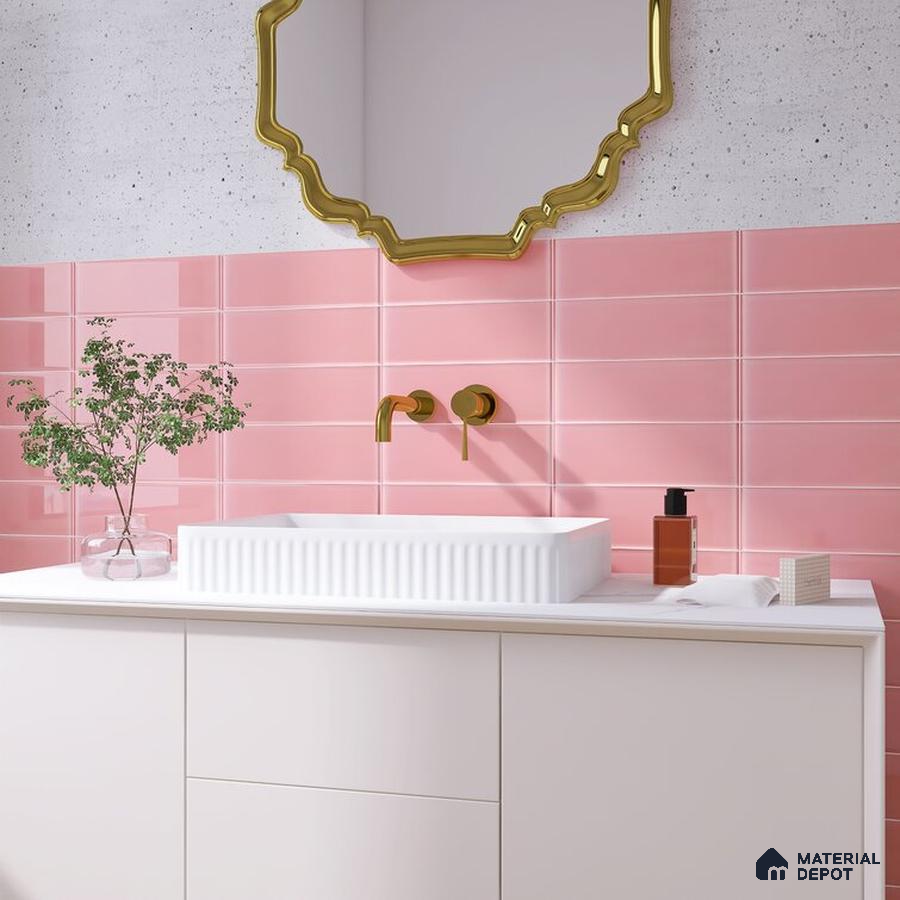 Organic Elegance Pink Accents and Golden Touch in White Bathroom | Material Depot