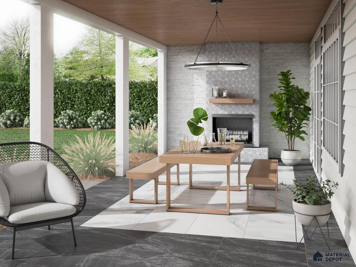 Outdoor place with grey and white tiles and patterned white tiles