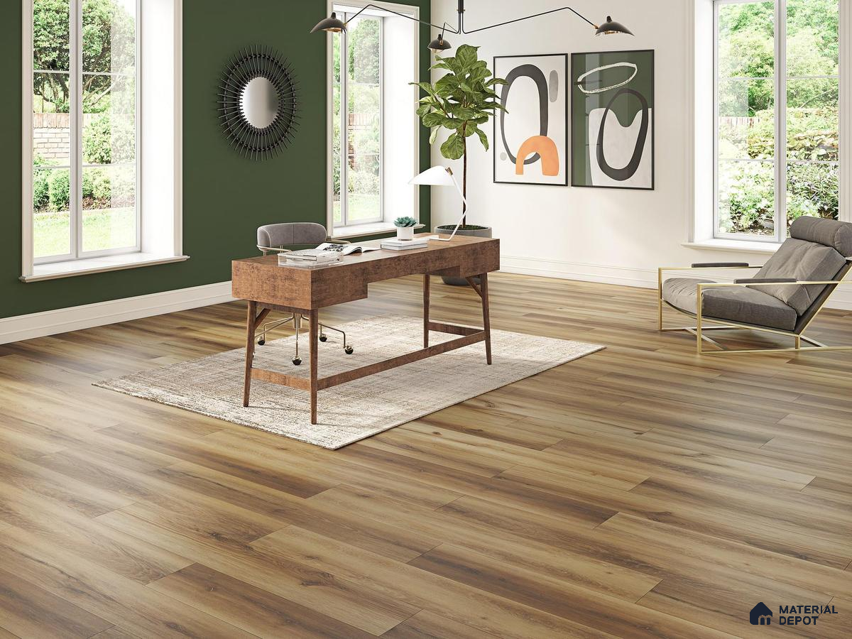 Study room with beige wooden laminate floor