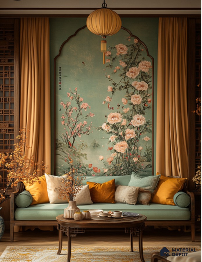 Oriental Living Room with Floral Wallpaper and Warm Earthy Accents | Material Depot