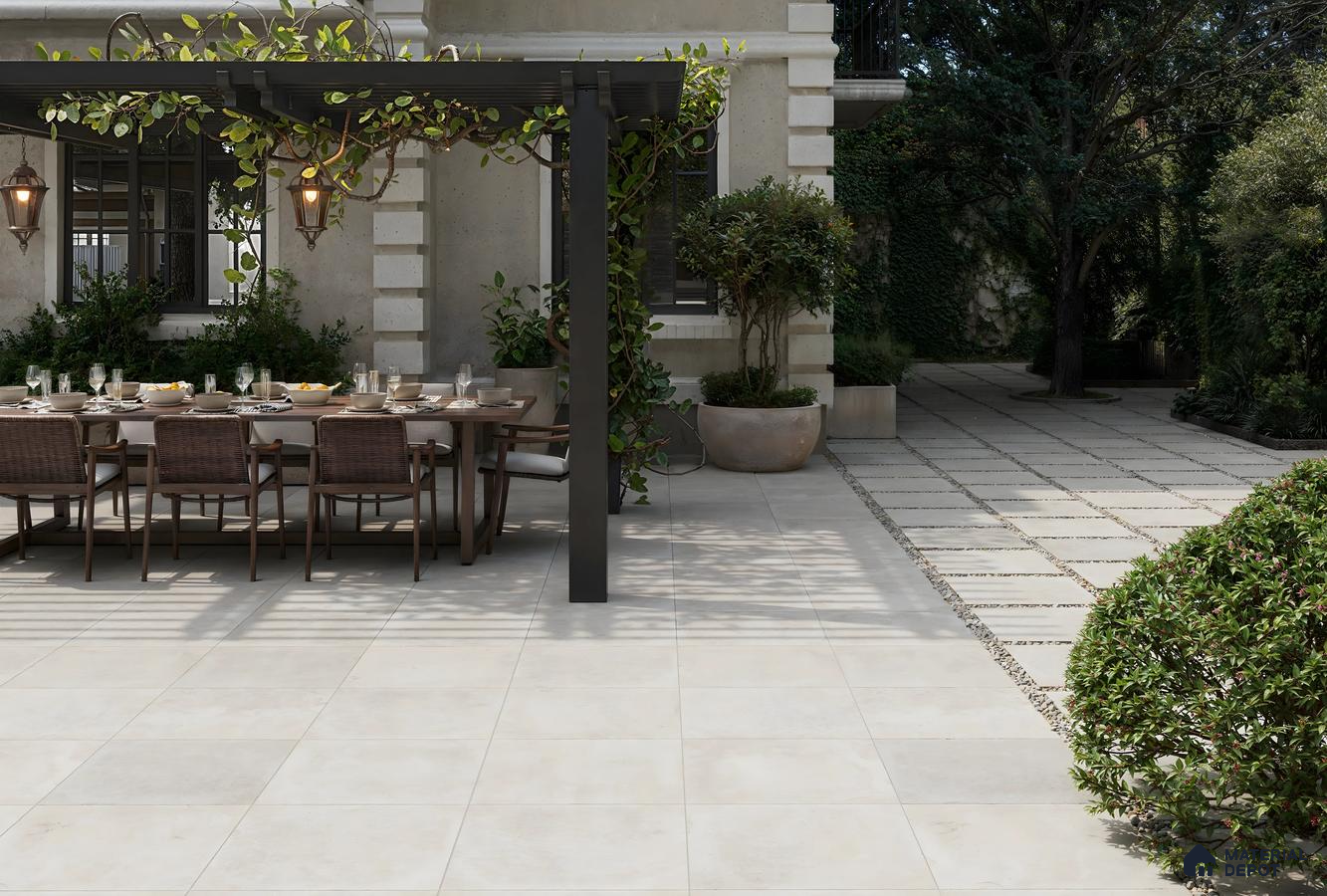 Outdoor Kitchen Design Island with Stone Floor Tile and Seating Prestige Finsbury Park Bagalur | Material Depot