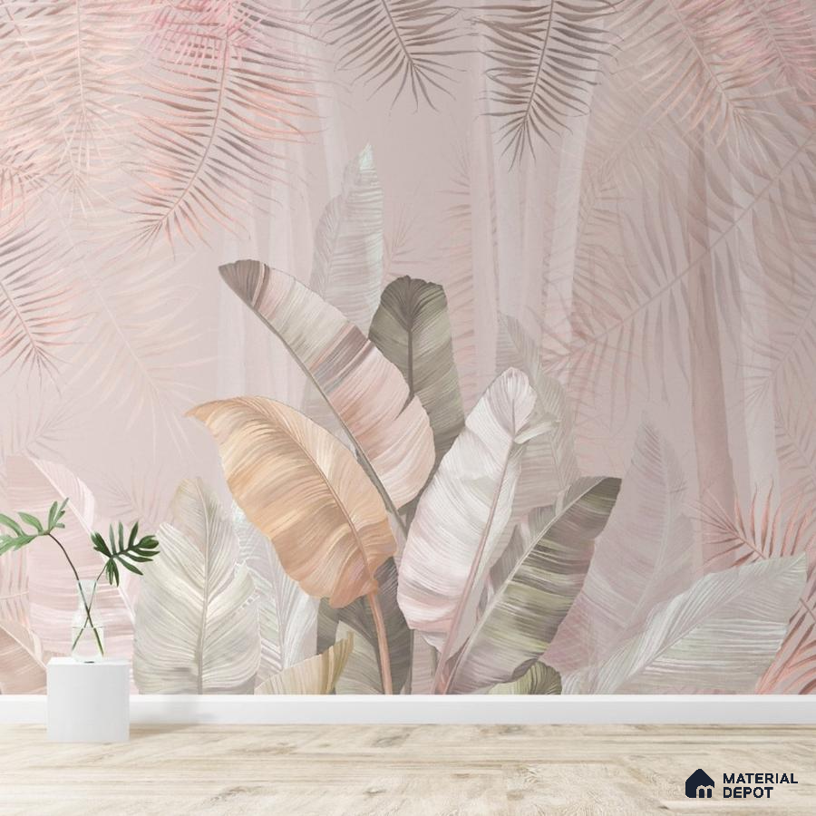 A close-up of a Pallav, A Champagne Pink Colors Tropical Wallpaper Indrani Series Soft Feel Tropical Design (Customised Size Wallpaper )available at Material Depot in Bangalore