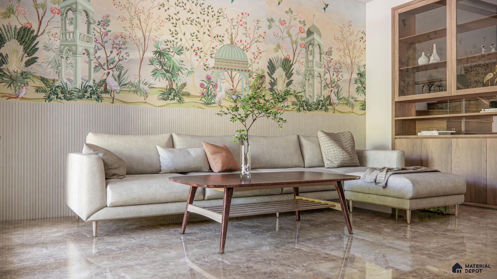 Pastel Paradise Living Room with Architectural Mural and Soft Fluted Paneling | Material Depot