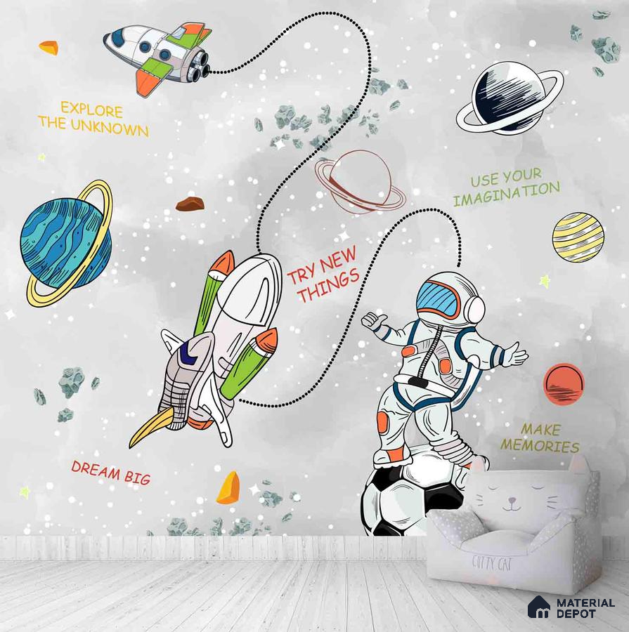 A close-up of a Personalised Space Kids Room Wallpaper, Colorful Sparkla N Shine Series Space Design (Customised Size Wallpaper) with a finish available at Material Depot in Bangalore