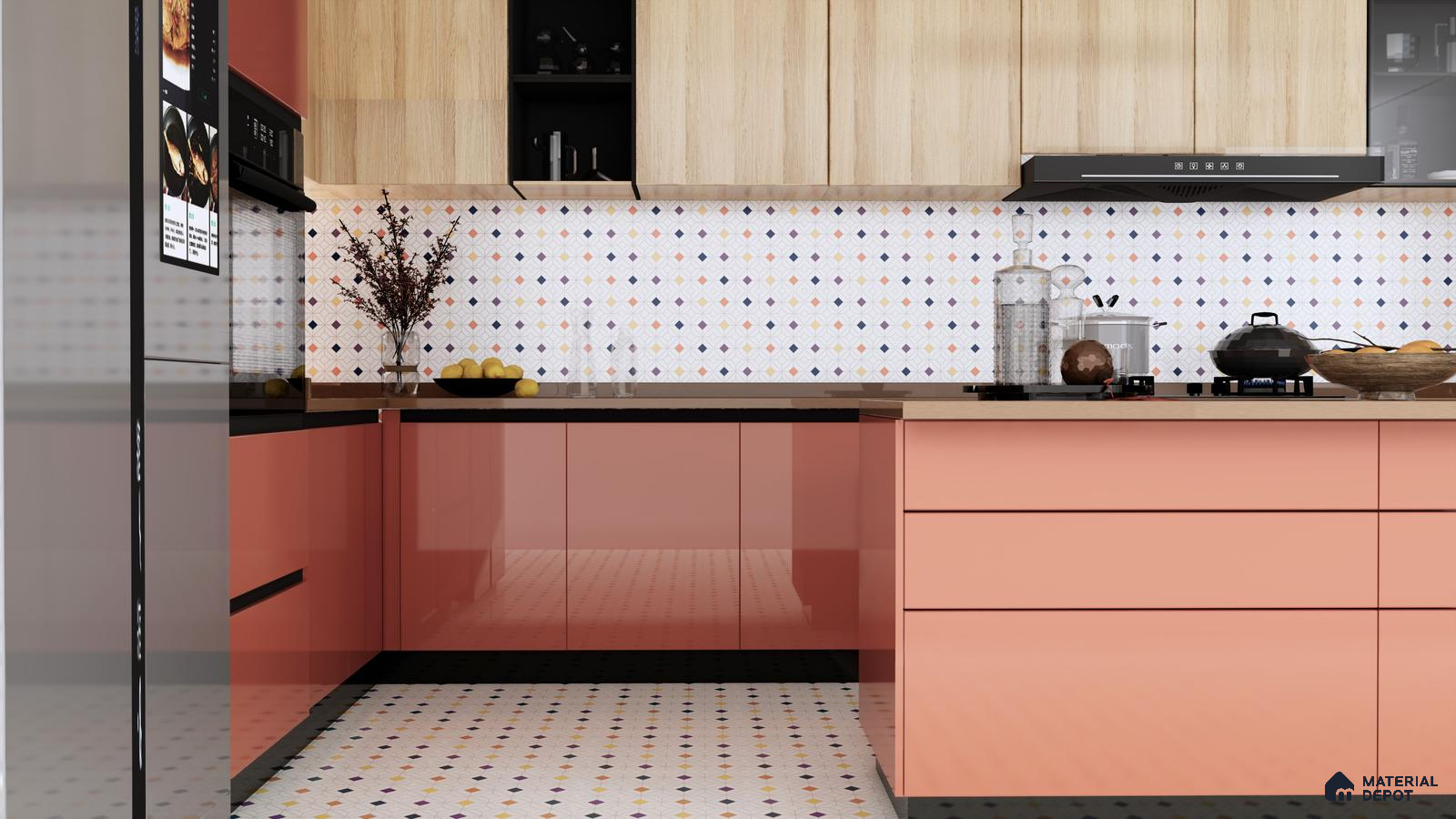 Playful Kitchen with Pink Cabinets and Polka Dot Tiles | Material Depot