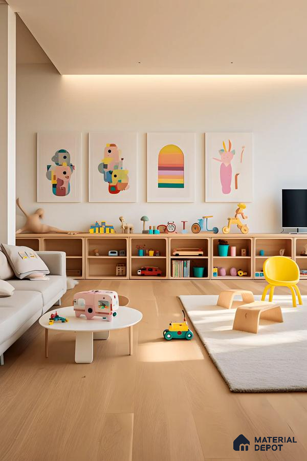 Playful Minimalist Playroom with Pastel Art Accents | Material Depot