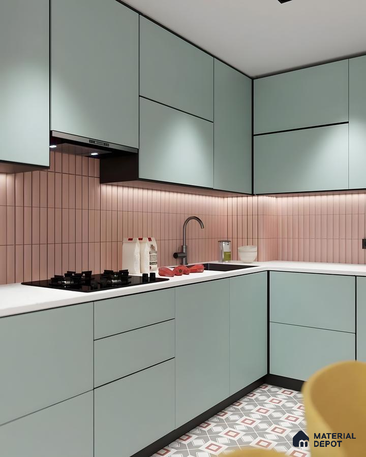 Playful Pastel L-Shaped Kitchen With Mint Cabinets, Pink Backsplash & Patterned Tiles | Material Depot