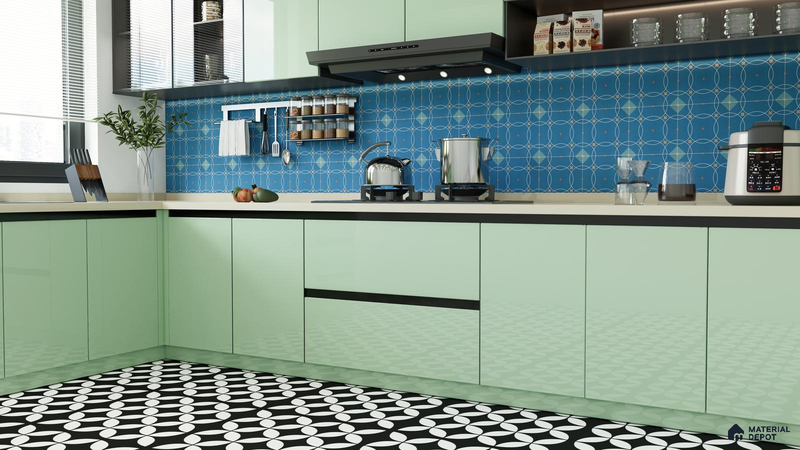 Playful Retro Blue Backsplash in a Pastel Green Kitchen | Material Depot