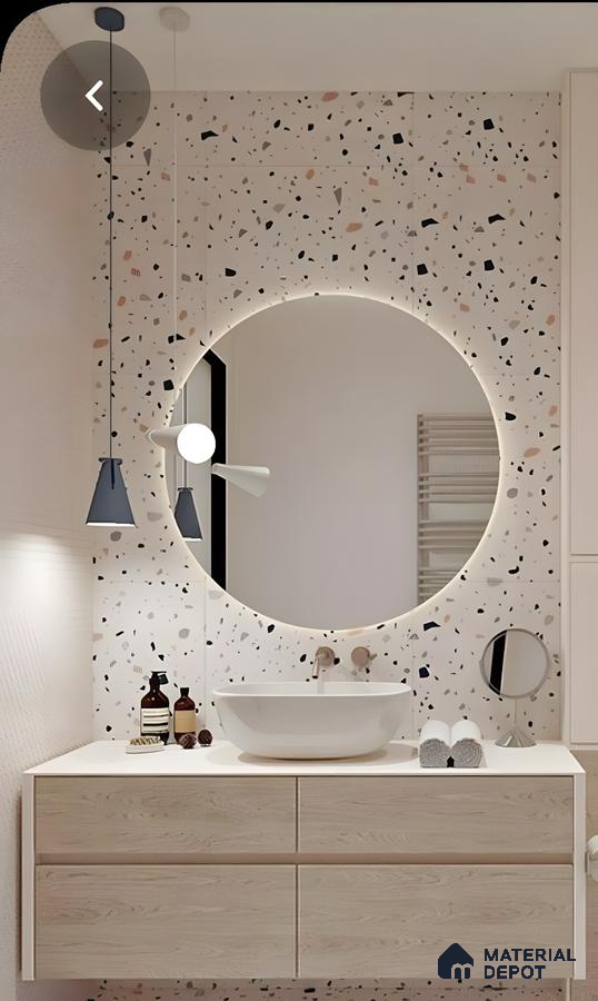 Playful Terrazzo Vanity Wall With Round Backlit Mirror And Wood Cabinetry | Material Depot