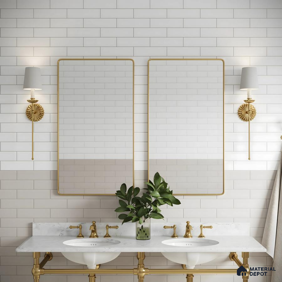 Premium Bathroom Design with Grey and White Subway Tile and Marble Quartz with Gold Assents Provident Botanico Whitefield | Material Depot