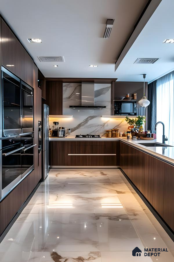 Premium L-Shaped Kitchen With Walnut Wood Finish And Marble Grandeur | Material Depot