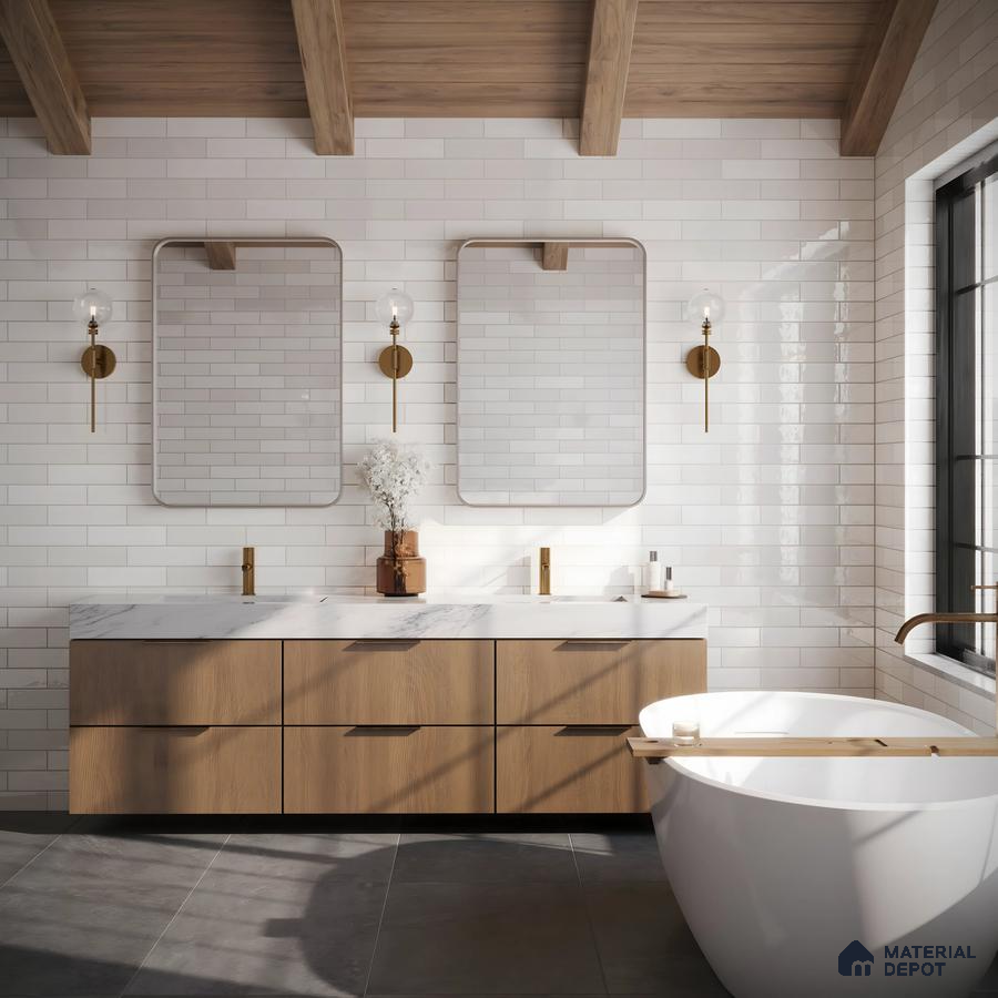 Pretty Bathroom Design with Adeline Midnight Porcelain Tile and Wood Vanity Prestige Elm Park Whitefield | Material Depot