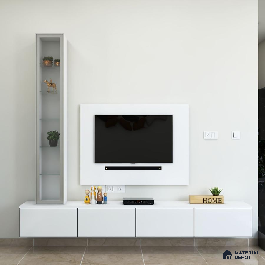 All-White Minimalist TV Unit with Storage.