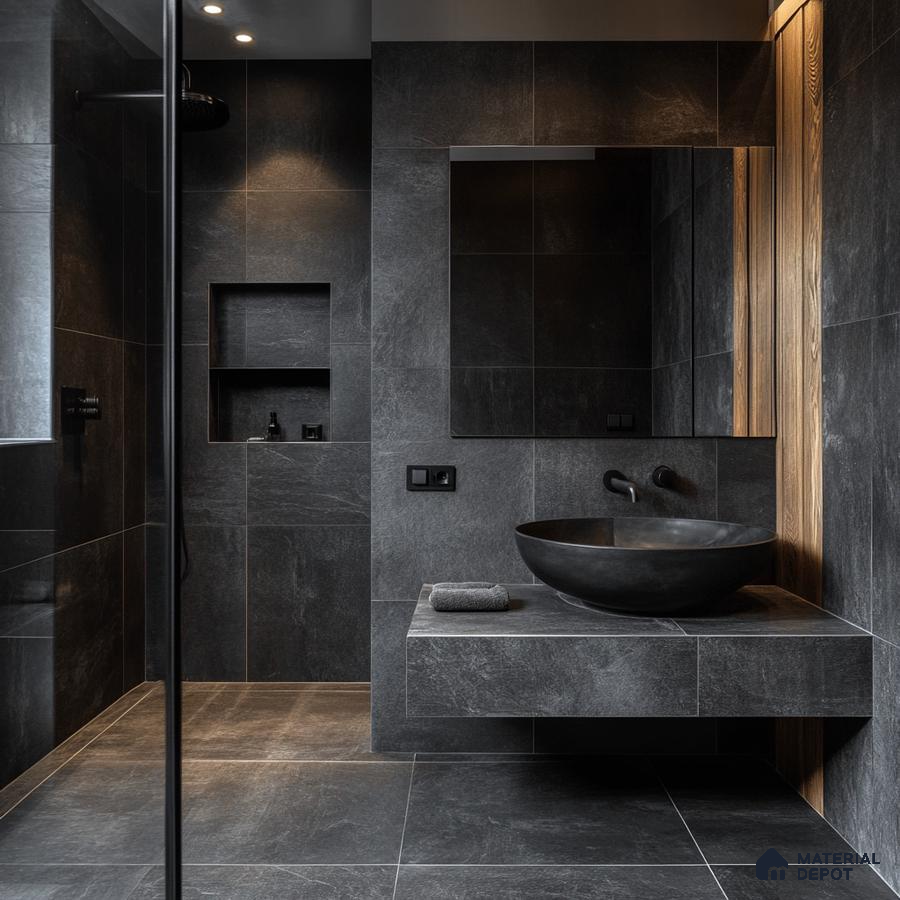 Refined Elegance: Monochrome Bathroom with Luxurious Stone Accents and Black Details | Material Depot