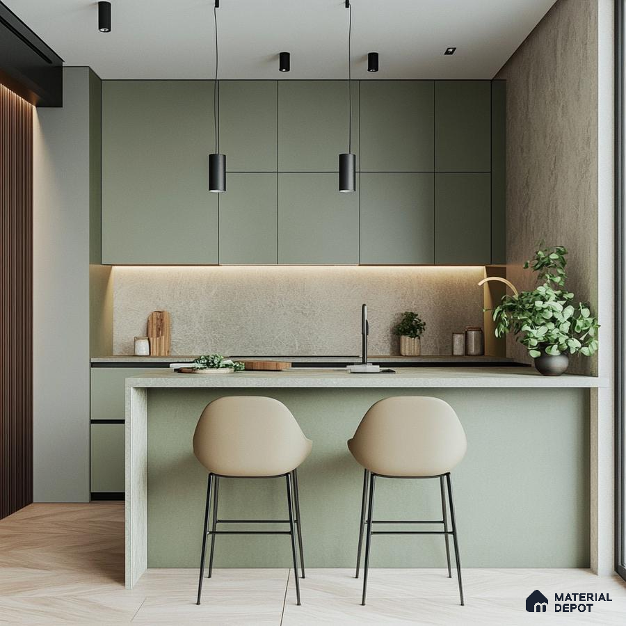 Refined Urban Kitchen Charm with Lush Green Cabinetry and Open, Airy Spaces | Material Depot