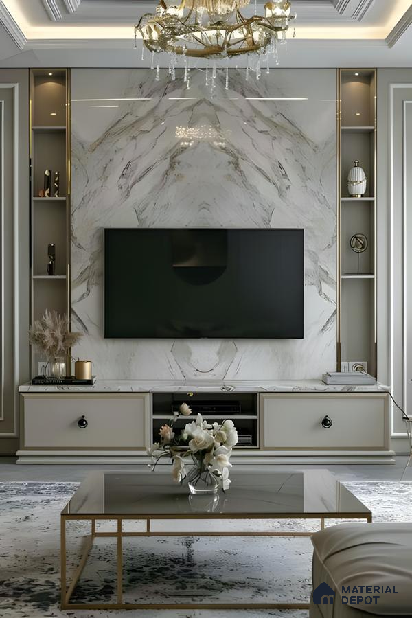 Regal Marble Tv Wall With Gold Framed Shelves And Classic Charm | Material Depot