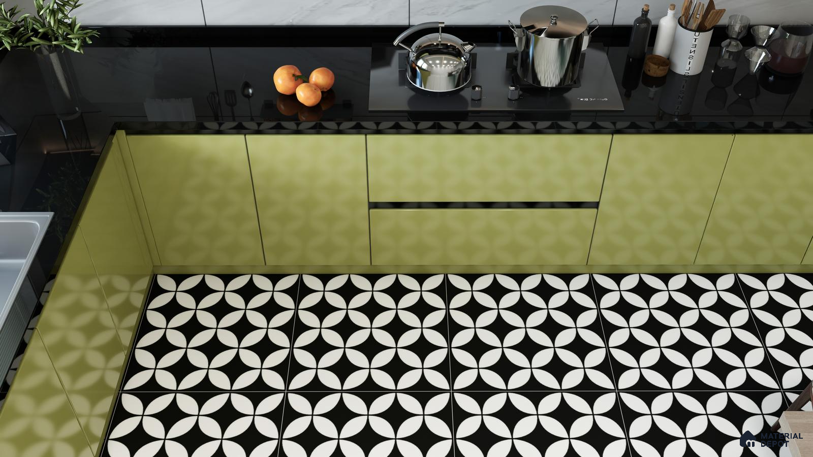 Retro Vibes with Bold Black and White Patterned Floor Tiles in a Modern Kitchen | Material Depot