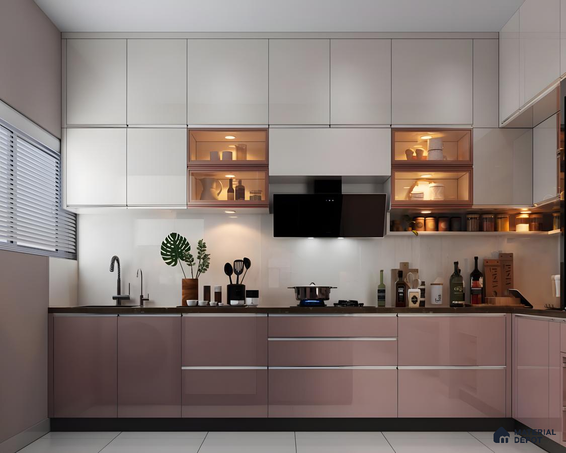 Rose Gold Modular Kitchen With An Island | Material Depot