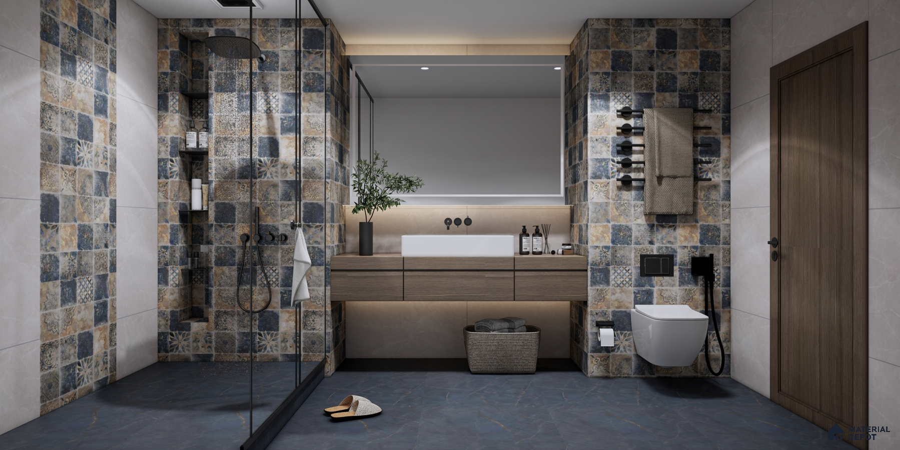 Rustic Bathroom with Patterned Mosaic Tiles and Wooden Vanity | Material Depot