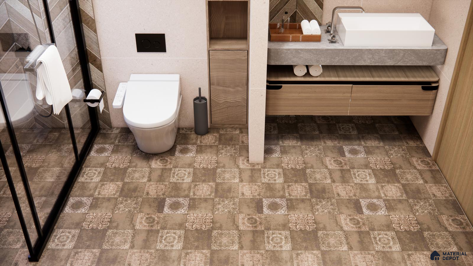 Rustic Charm with Patterned Brown Toned Bathroom Tiles | Material Depot
