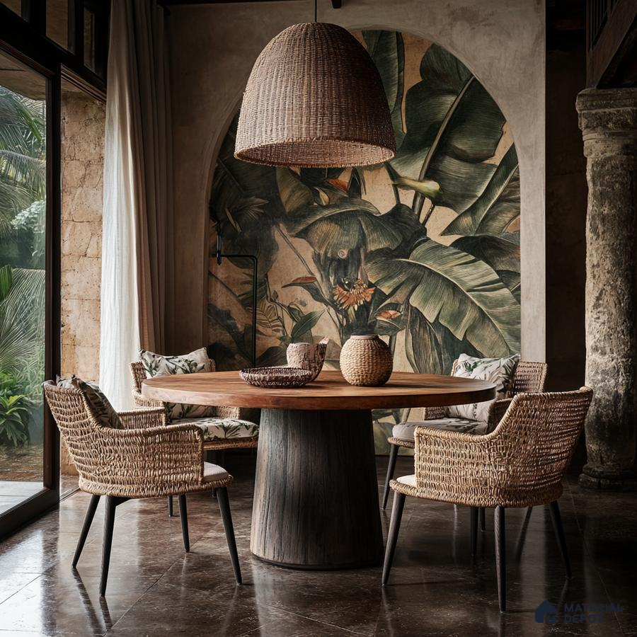 Rustic Dining Area with Woven Furniture and Tropical Mural | Material Depot