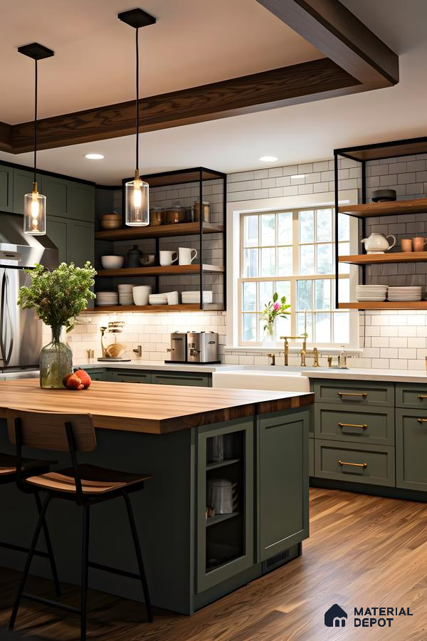 Rustic Farmhouse Kitchen with Modern Sage Green Laminate | Material Depot