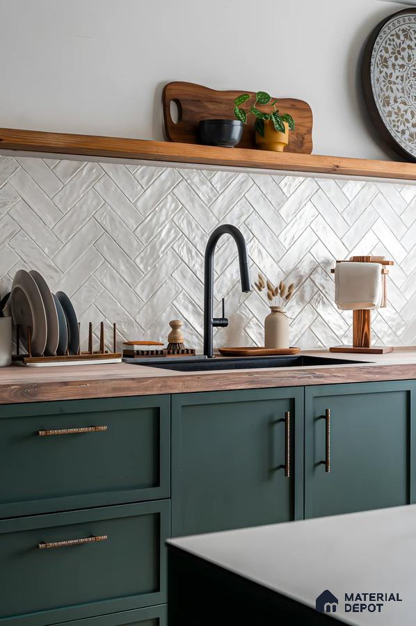 Rustic Green Kitchen with Herringbone Backsplash | Material Depot