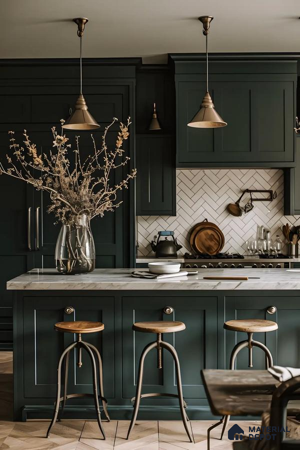 Rustic Kitchen Charm: Deep Green and Marble | Material Depot