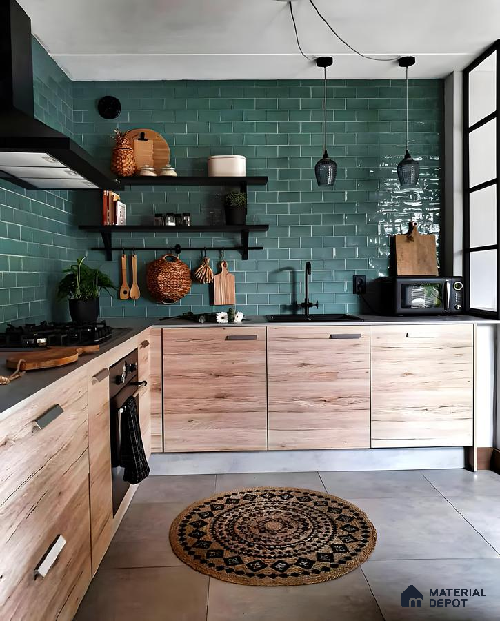 Rustic kitchen featuring natural wood cabinets, teal subway tiles, and cozy earthy accents. | Material Depot