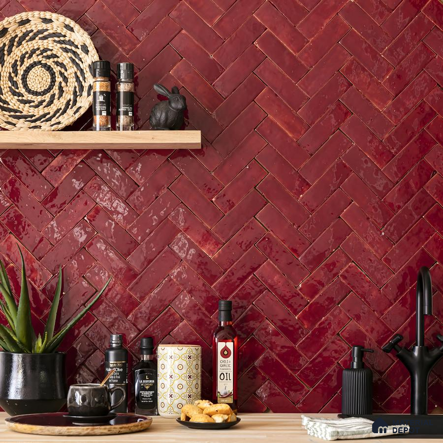 Rustic Kitchen with Red Herringbone Tile Backsplash | Material Depot