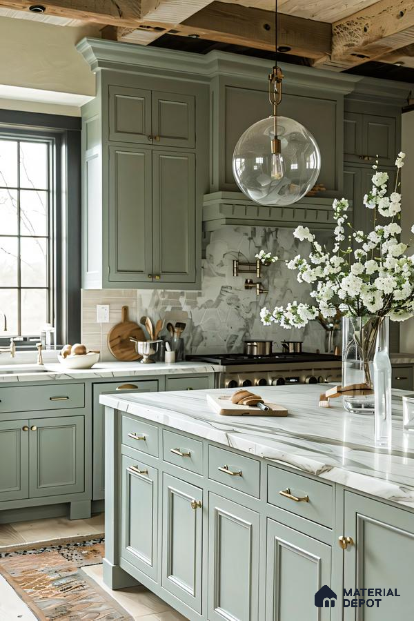 Rustic Modern Fusion: Kitchen with Green Cabinetry and Marble Accents | Material Depot