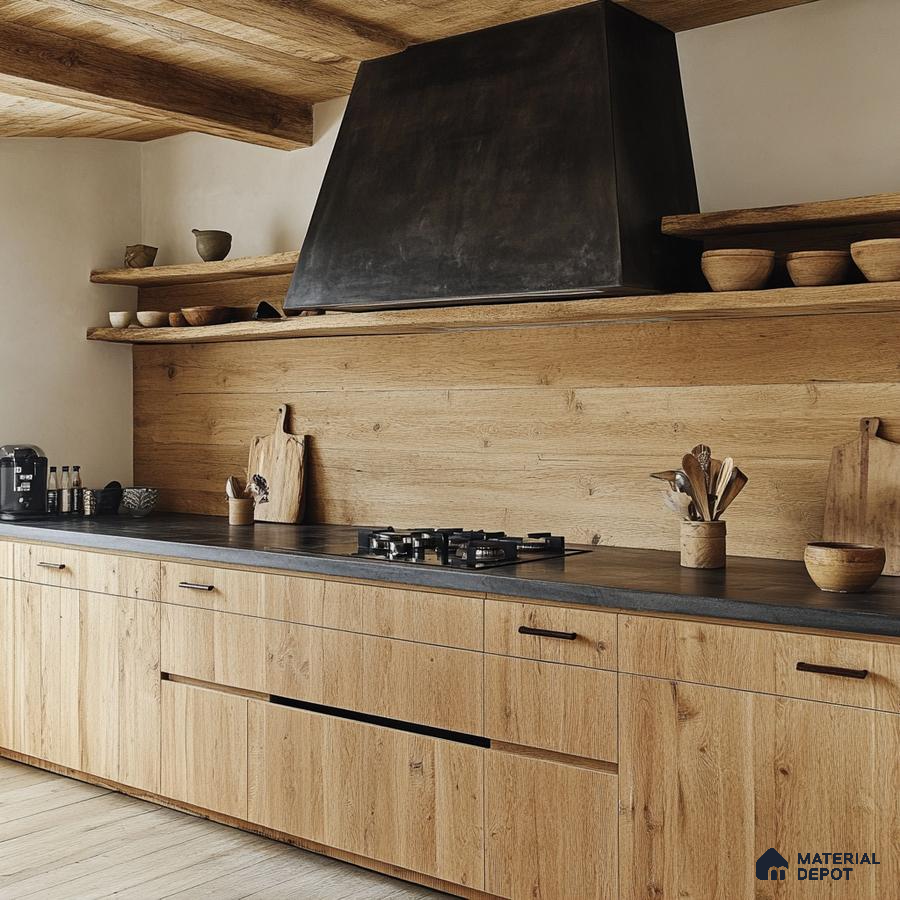 Rustic Modern Kitchen with Wood Accents and Black Hood | Material Depot