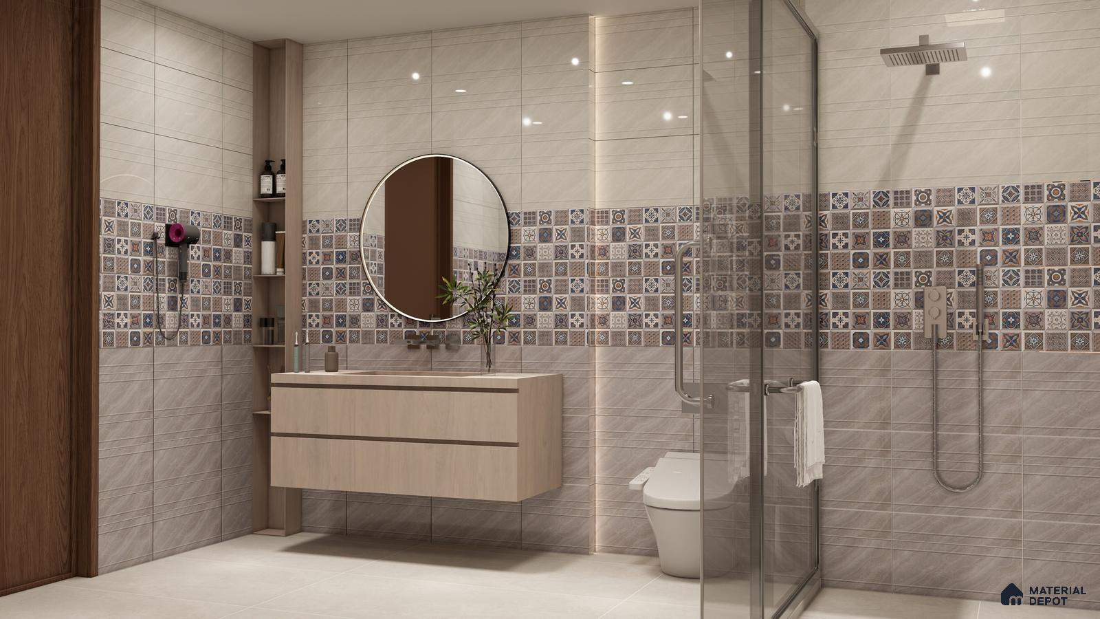 Chevron Teal Tile Bathroom with Modern Blue Accents | Material Depot