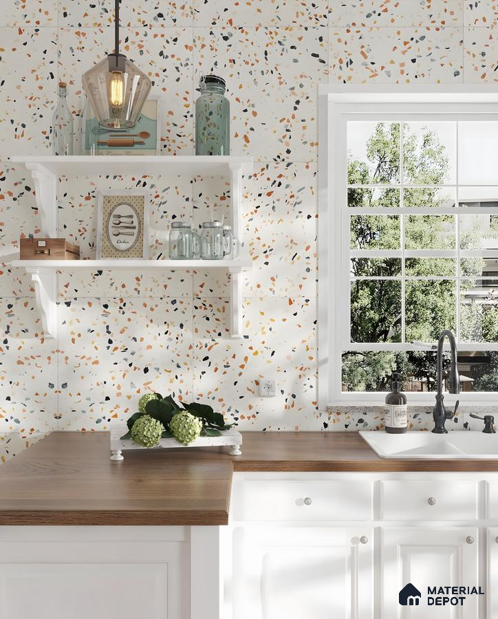Rustic Terrazzo Kitchen With Wooden Countertops And Open Shelving | Material Depot