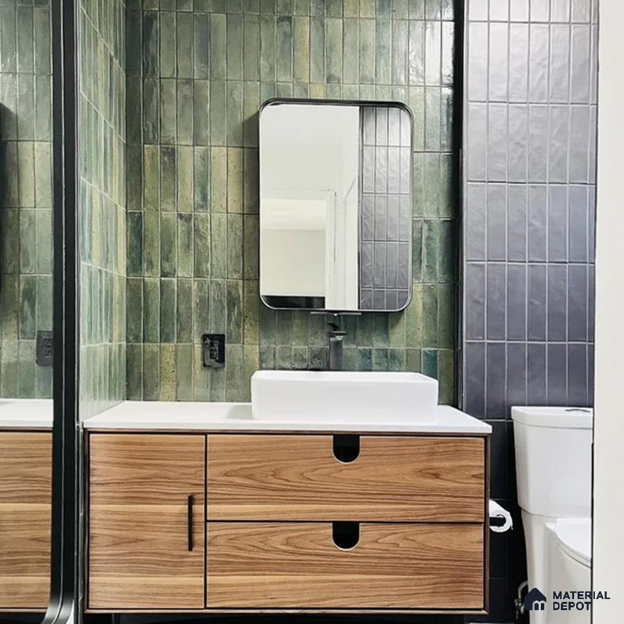 Rustic Tranquility Vertical Green Tiles and Mixed Textures in Bathroom | Material Depot