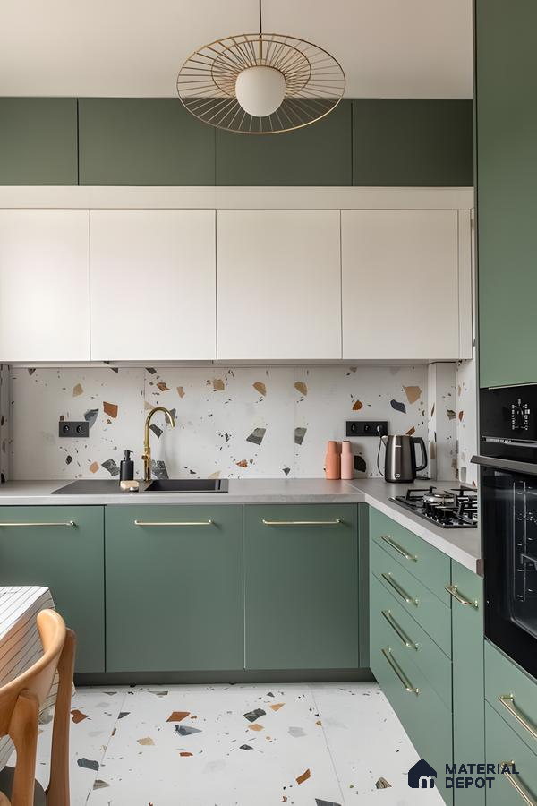 Sage Green And White Kitchen With Terrazzo Tiles And Brass Accents | Material Depot