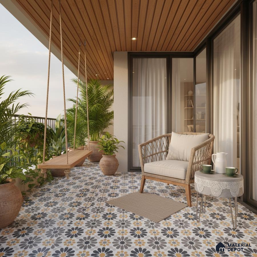 Scandinavian balcony with floral patterned floor tiles and wooden ceiling panels