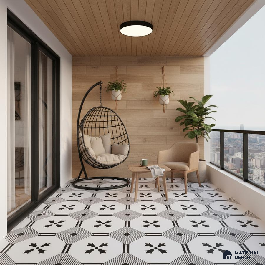 Scandinavian balcony with light oak wood wall panels and black-and-white geometric patterned floor tiles