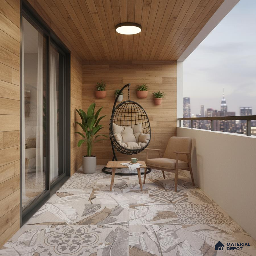 Scandinavian balcony with oak wood wall panels and patterned beige floor tiles