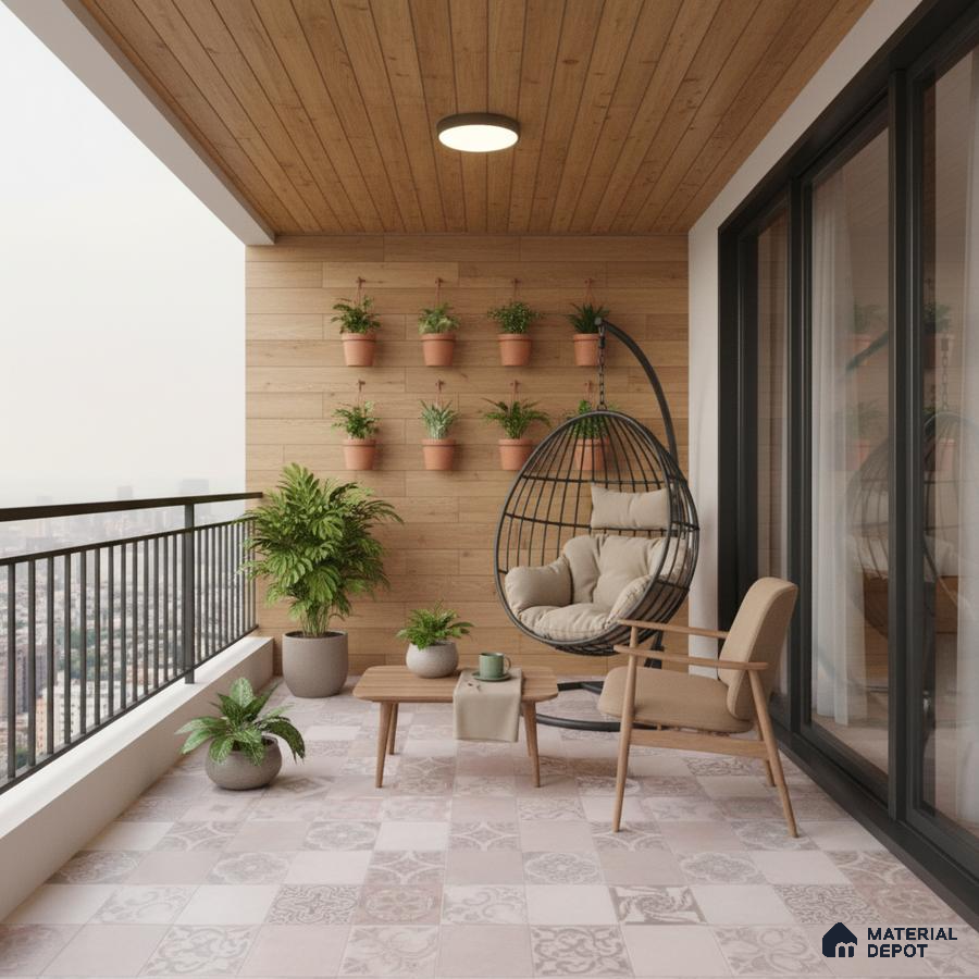 Scandinavian balcony with patterned floor tiles and natural wood wall cladding