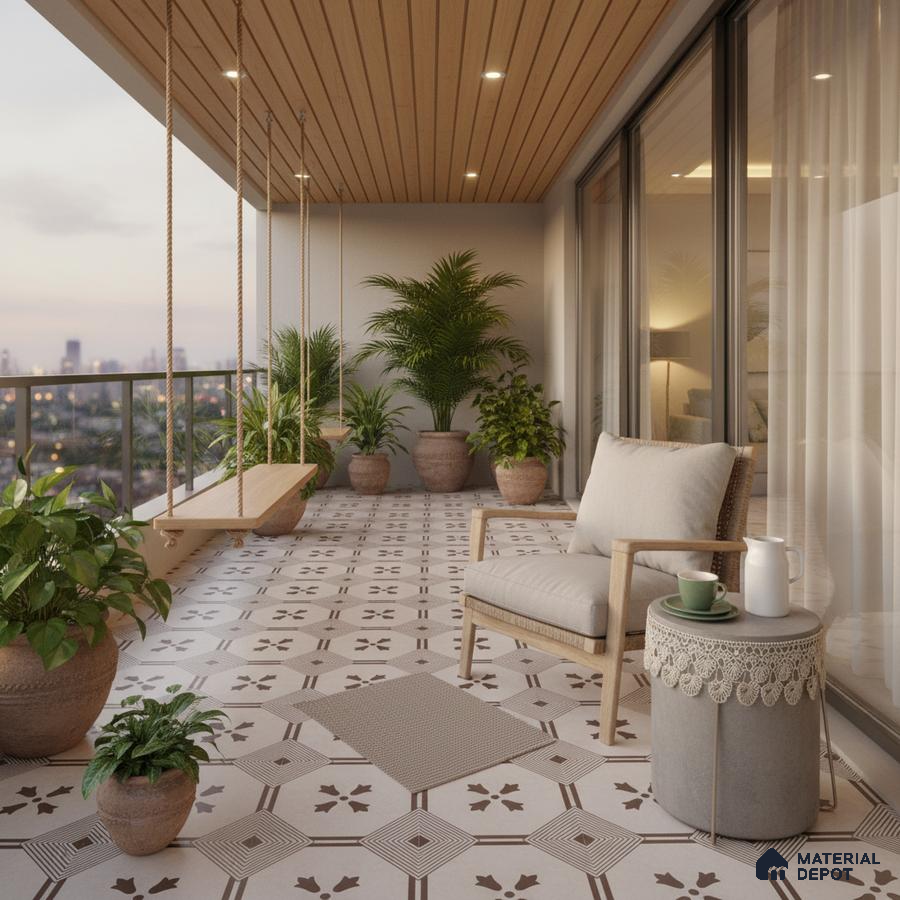 Scandinavian balcony with patterned floor tiles and wooden ceiling panels