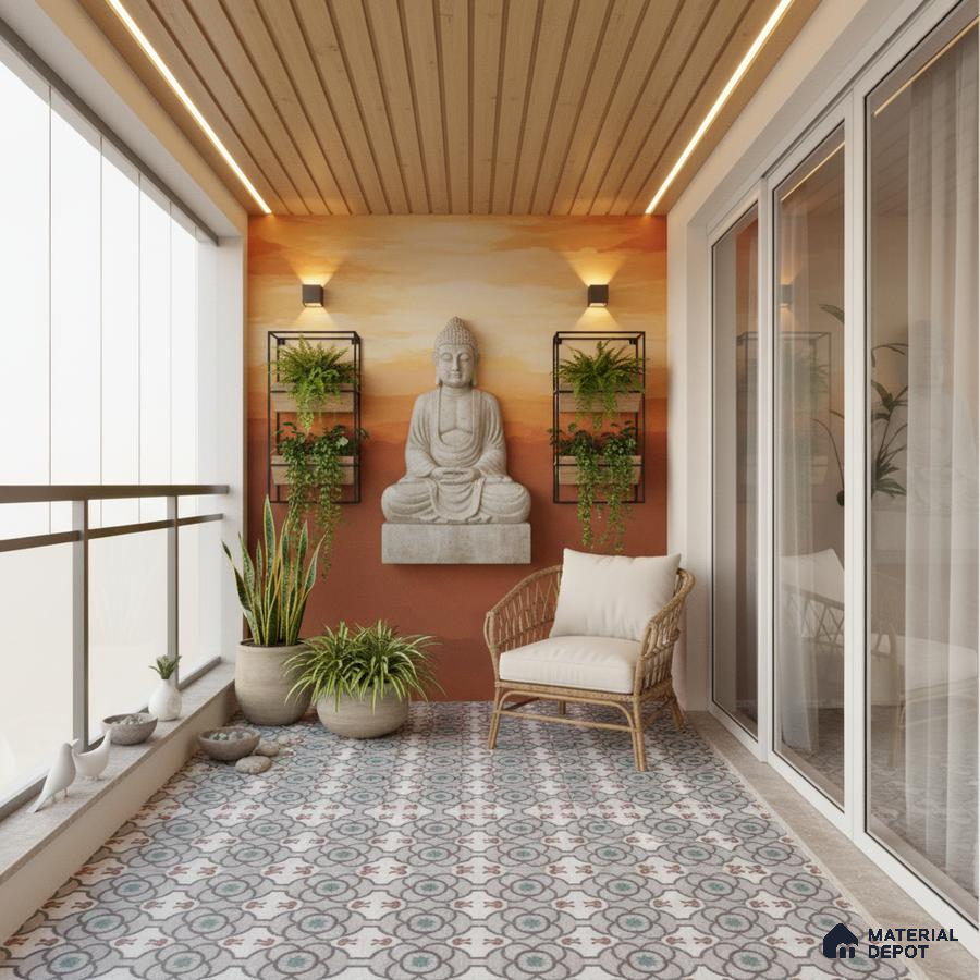 Scandinavian balcony with patterned floor tiles, wood ceiling panels, and terracotta accent wall