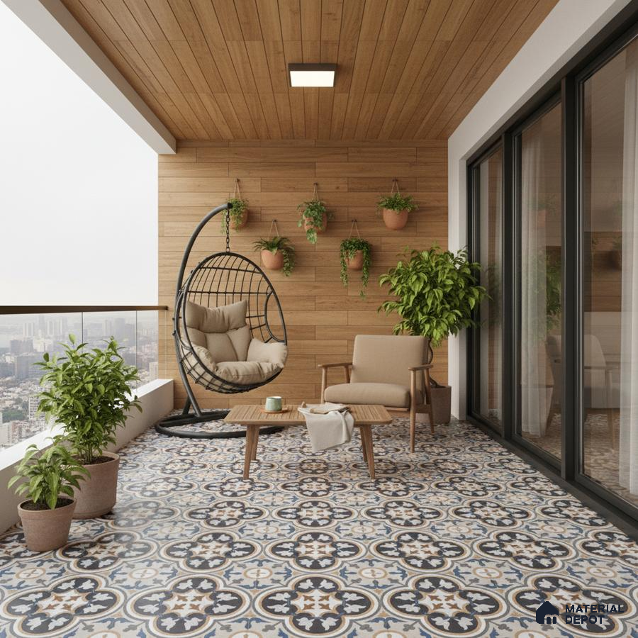 Scandinavian balcony with patterned moroccan floor tiles and natural wood wall cladding