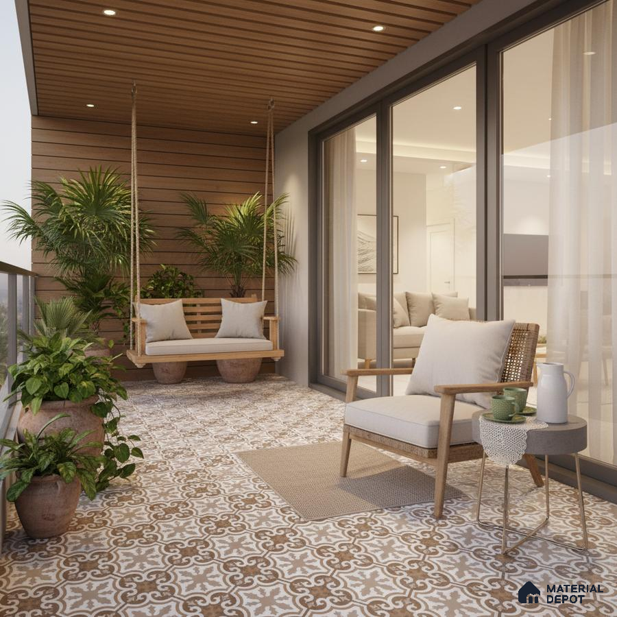 Scandinavian balcony with patterned terracotta and white floor tiles and wooden ceiling panels