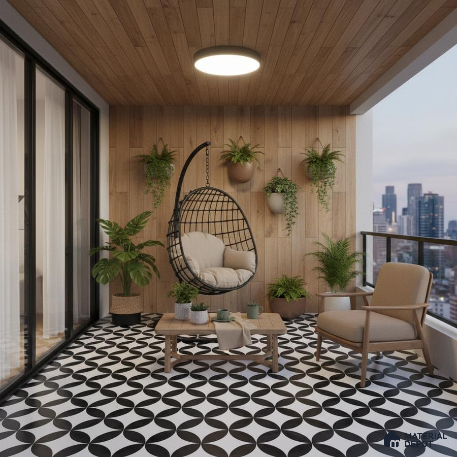 Scandinavian balcony with wood wall cladding and black-and-white geometric floor tiles