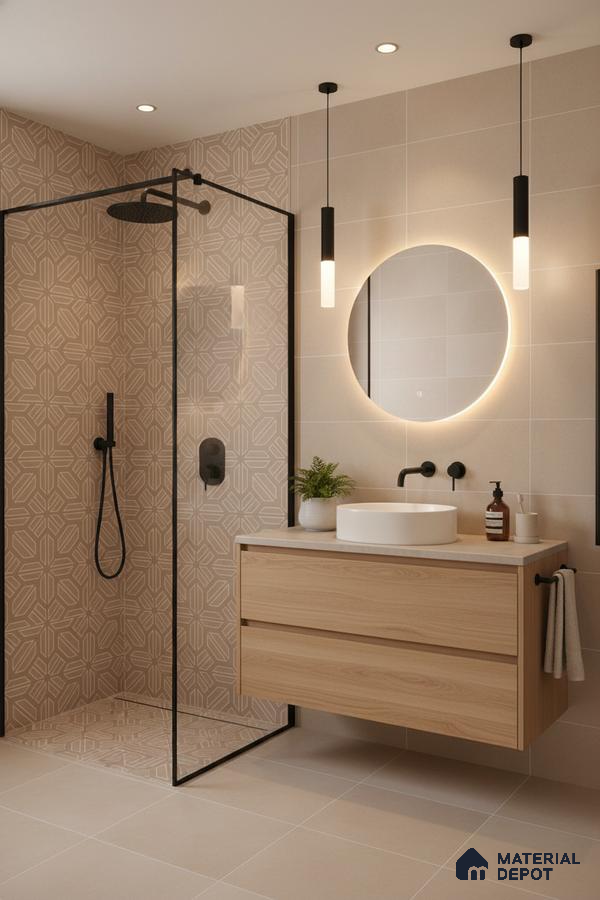 Scandinavian bathroom with beige geometric wall tiles and light oak wood vanity in Bengaluru | Material Depot
