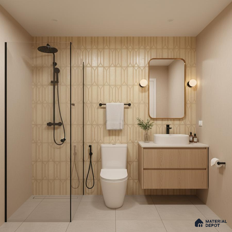 Scandinavian bathroom with beige geometric wall tiles, light wood vanity, and matte black fixtures | Material Depot